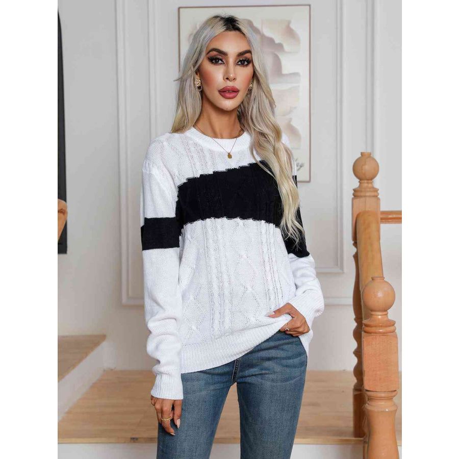 Color Block Cable-Knit Round Neck Sweater White / S