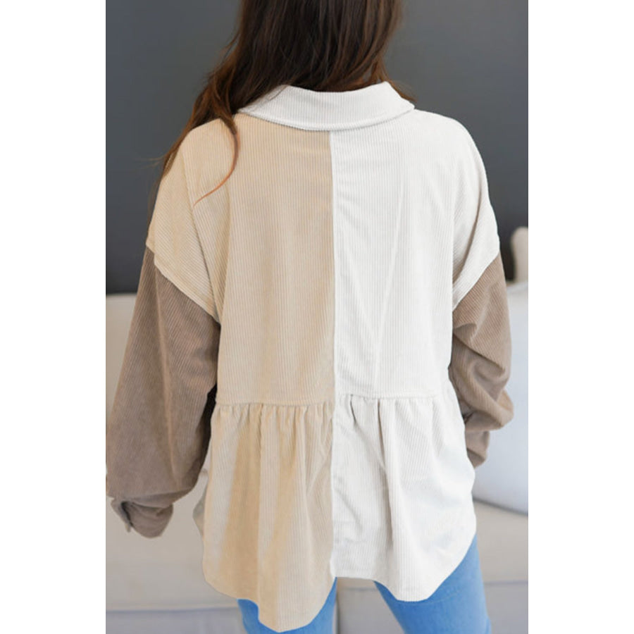 Color Block Collared Neck Drop Shoulder Shacket Apparel and Accessories