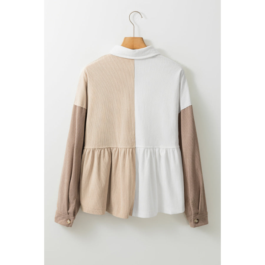 Color Block Collared Neck Drop Shoulder Shacket Apparel and Accessories