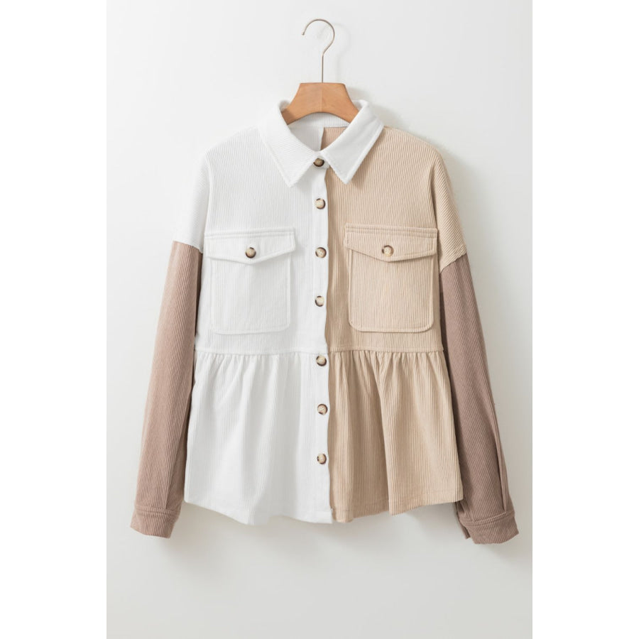 Color Block Collared Neck Drop Shoulder Shacket Apparel and Accessories