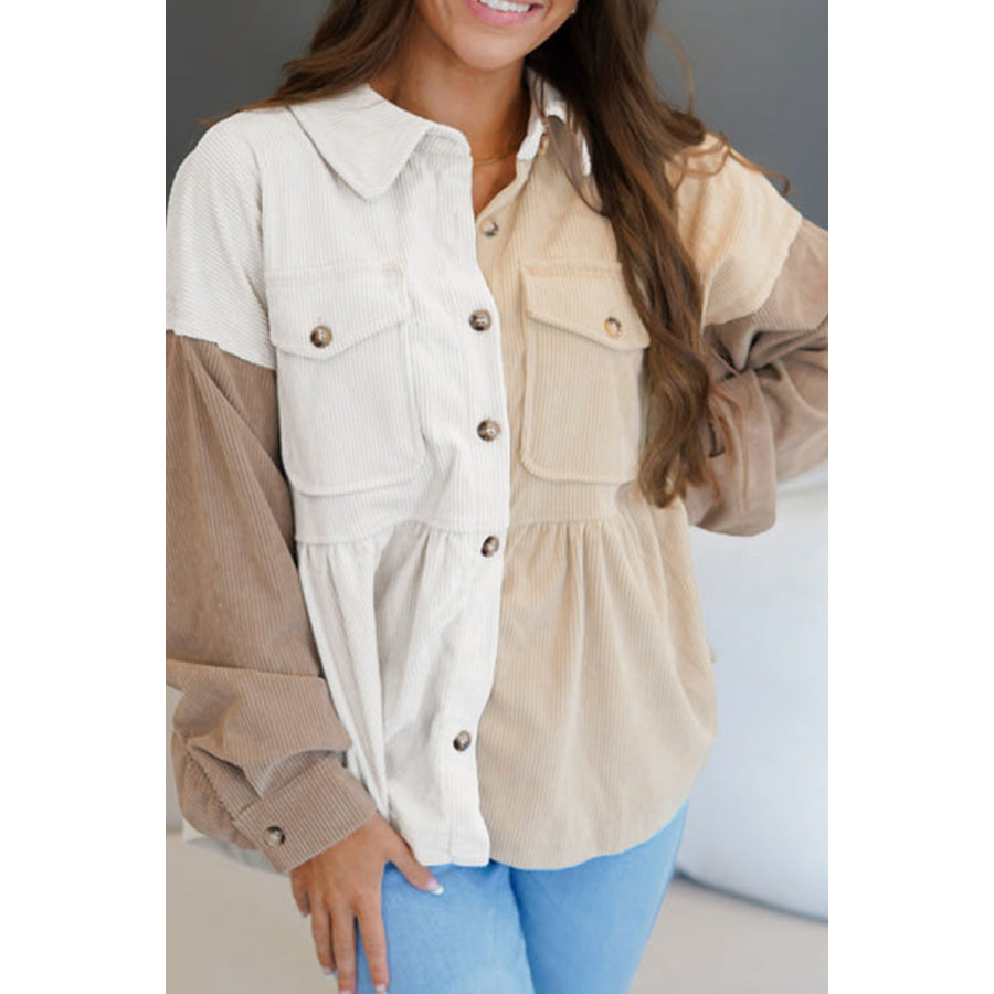Color Block Collared Neck Drop Shoulder Shacket Khaki / S Apparel and Accessories
