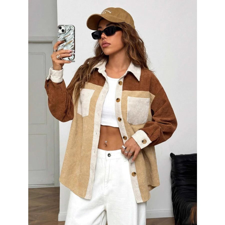 Color Block Collared Neck Long Sleeve Shirt Apparel and Accessories