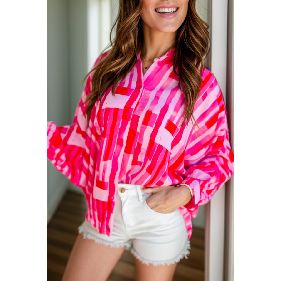 Color Block Collared Neck Long Sleeve Shirt Hot Pink / S Apparel and Accessories