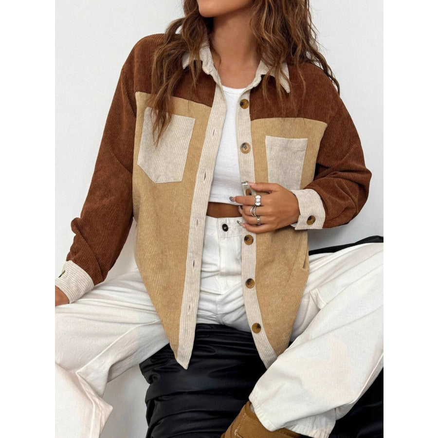 Color Block Collared Neck Long Sleeve Shirt Tan / XS Apparel and Accessories