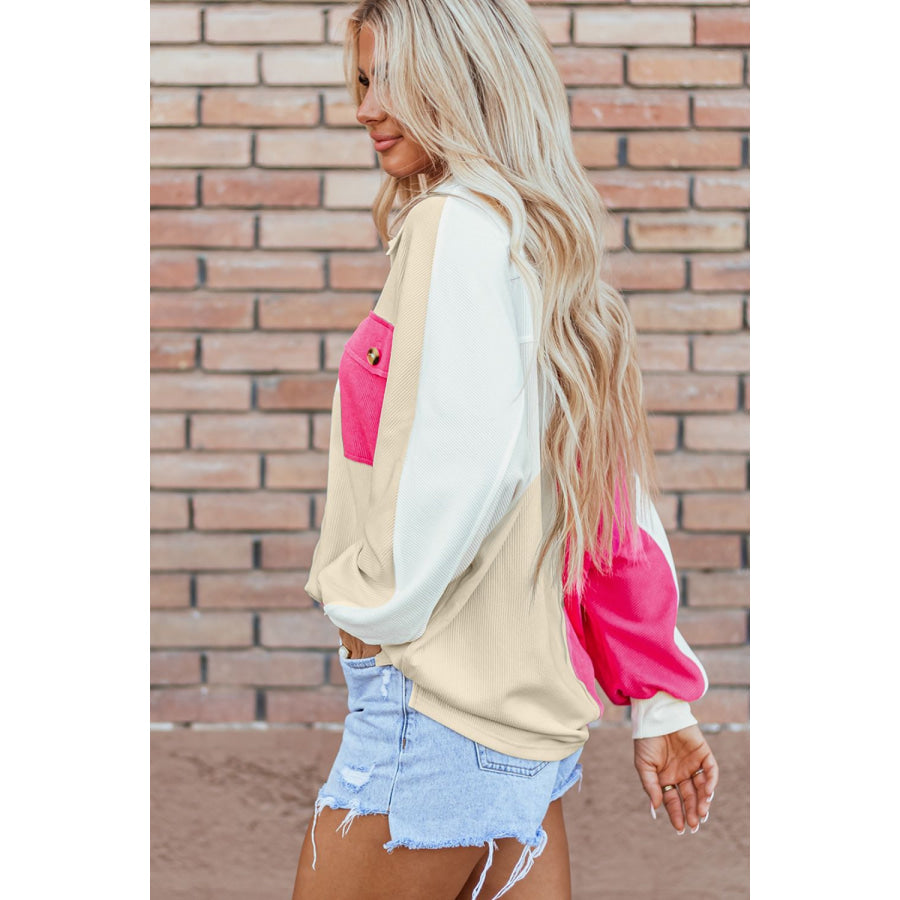 Color Block Collared Neck Long Sleeve Sweatshirt Apparel and Accessories