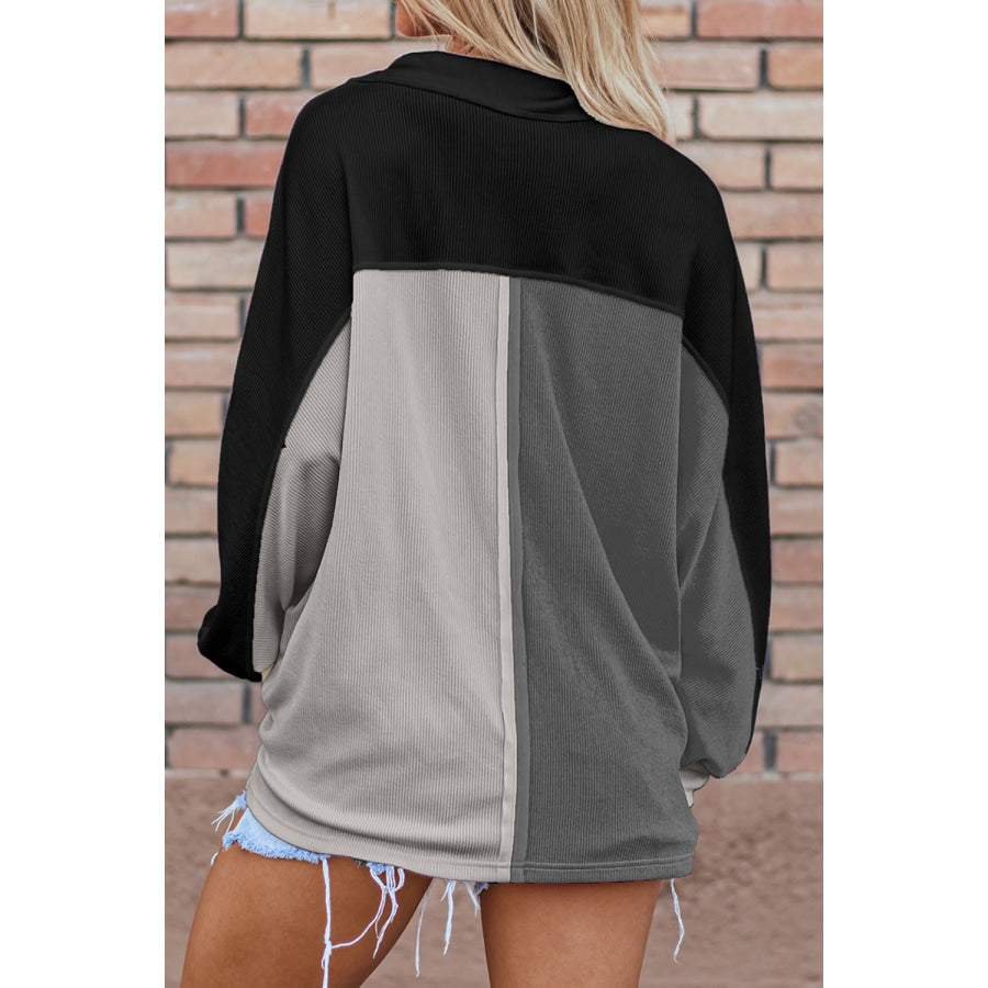 Color Block Collared Neck Long Sleeve Sweatshirt Apparel and Accessories