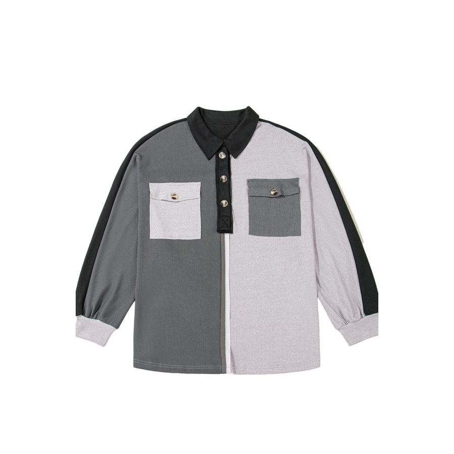 Color Block Collared Neck Long Sleeve Sweatshirt Apparel and Accessories