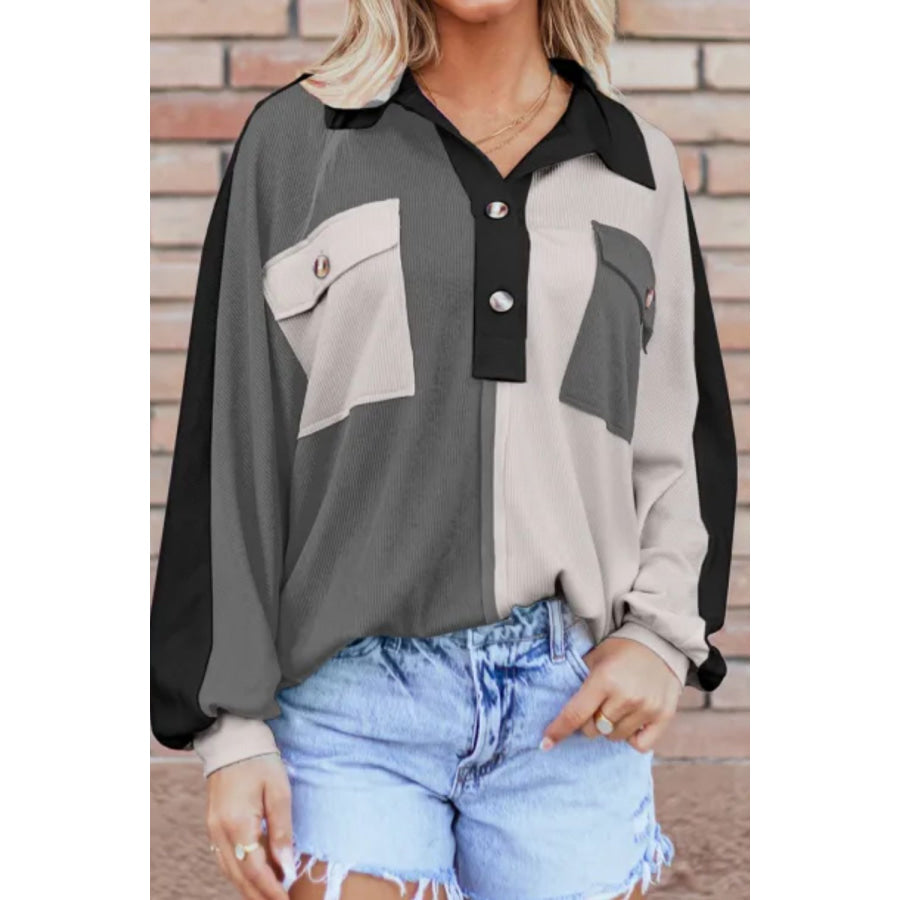 Color Block Collared Neck Long Sleeve Sweatshirt Dark Gray / S Apparel and Accessories