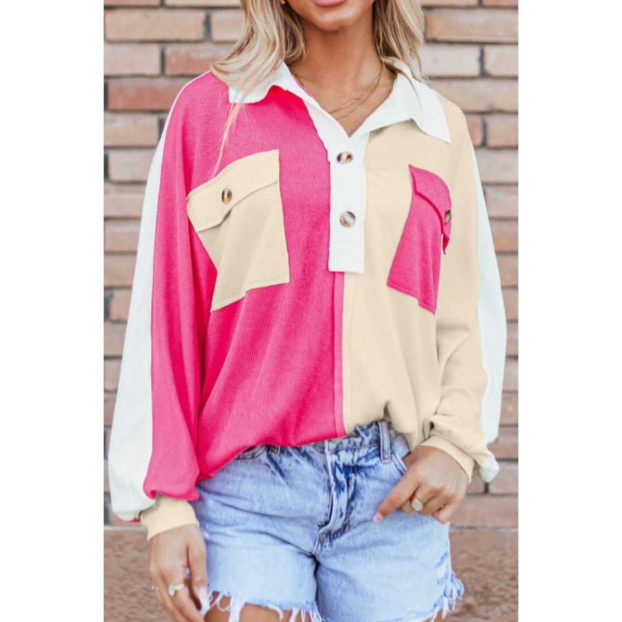 Color Block Collared Neck Long Sleeve Sweatshirt Hot Pink / S Apparel and Accessories