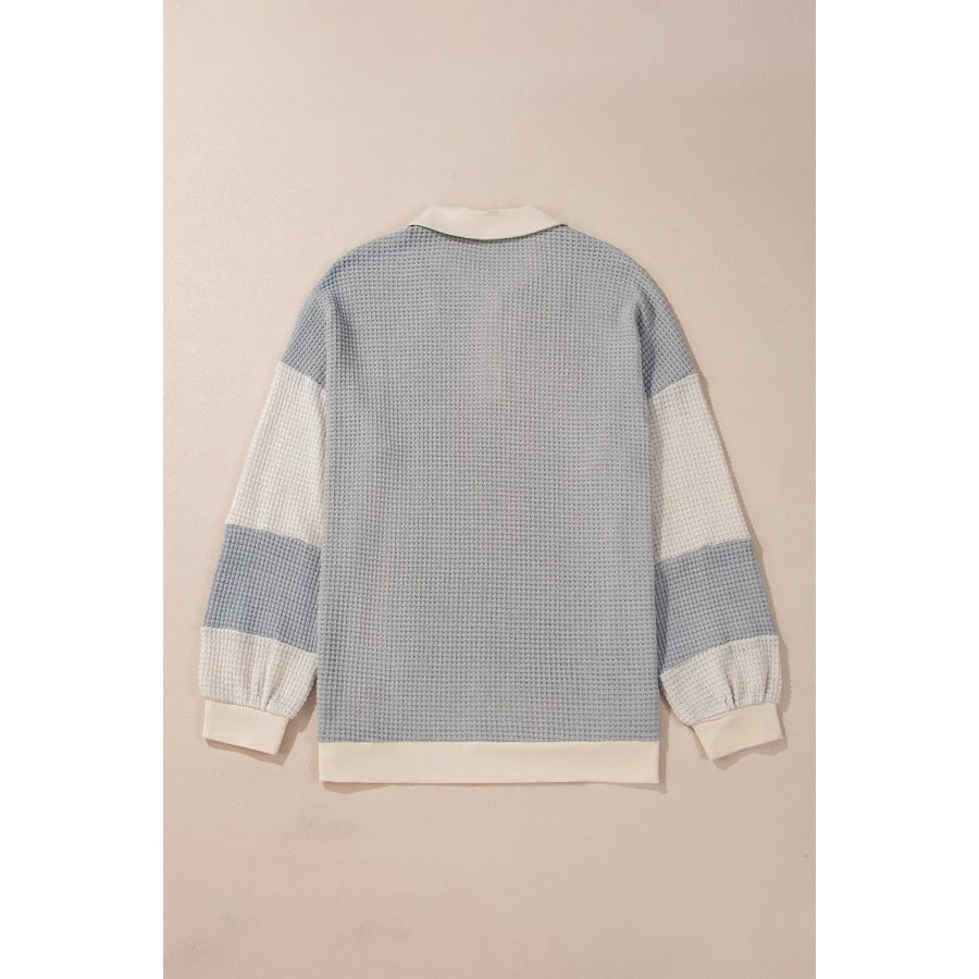 Color Block Collared Neck Long Sleeve Top Apparel and Accessories