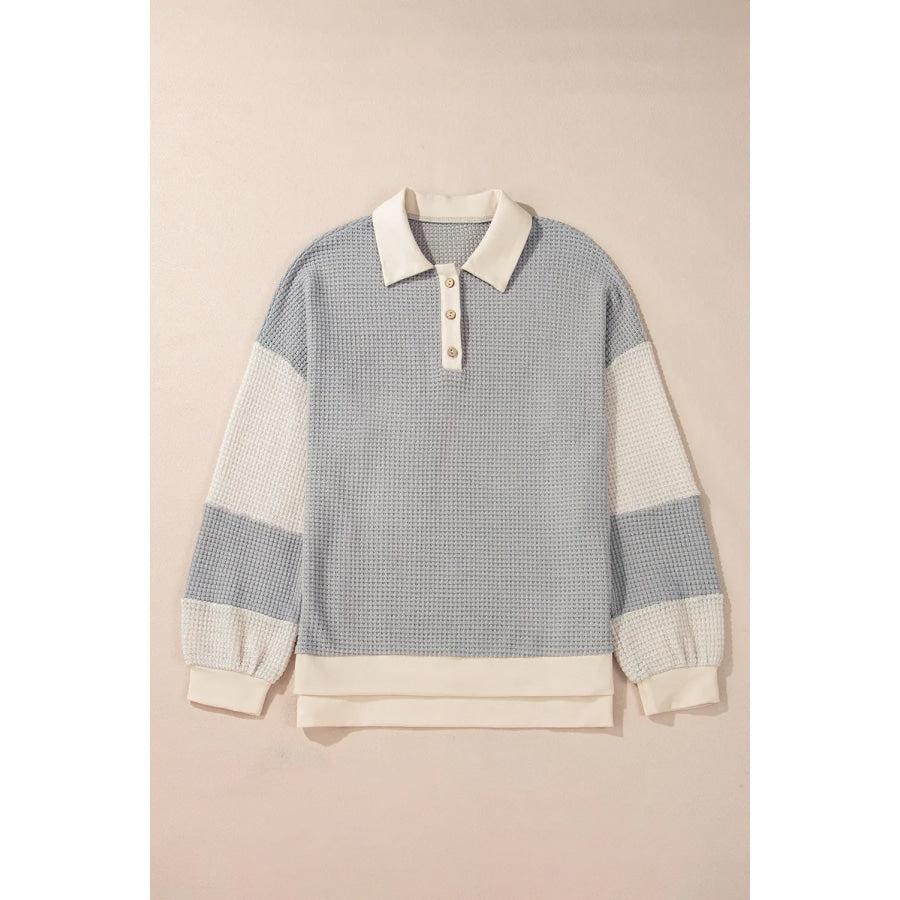 Color Block Collared Neck Long Sleeve Top Apparel and Accessories