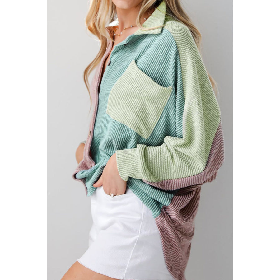 Color Block Corded Button Up Shacket Dusty Pink / S Apparel and Accessories