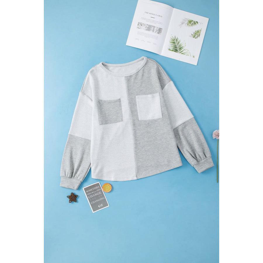 Color Block Double Chest Pocket Boat Neck Top Apparel and Accessories