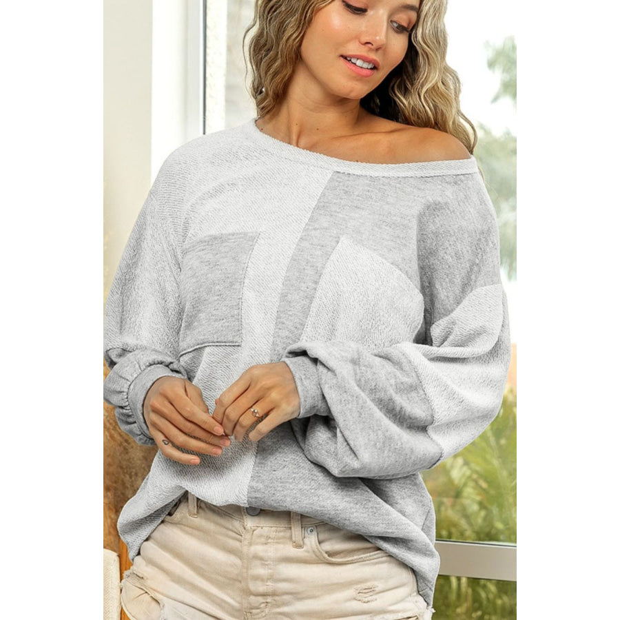 Color Block Double Chest Pocket Boat Neck Top Apparel and Accessories