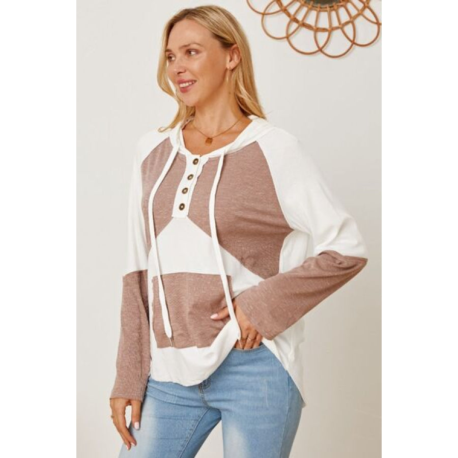 Color Block Drawstring Half Button Hoodie Mocha / S Clothing