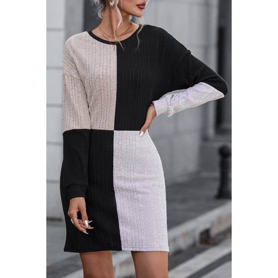 Color Block Drop Shoulder Long Sleeve Mini Dress Apparel and Accessories
