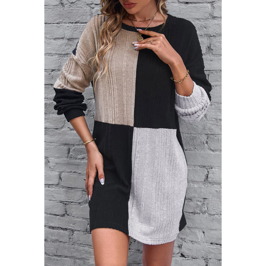 Color Block Drop Shoulder Long Sleeve Mini Dress Apparel and Accessories