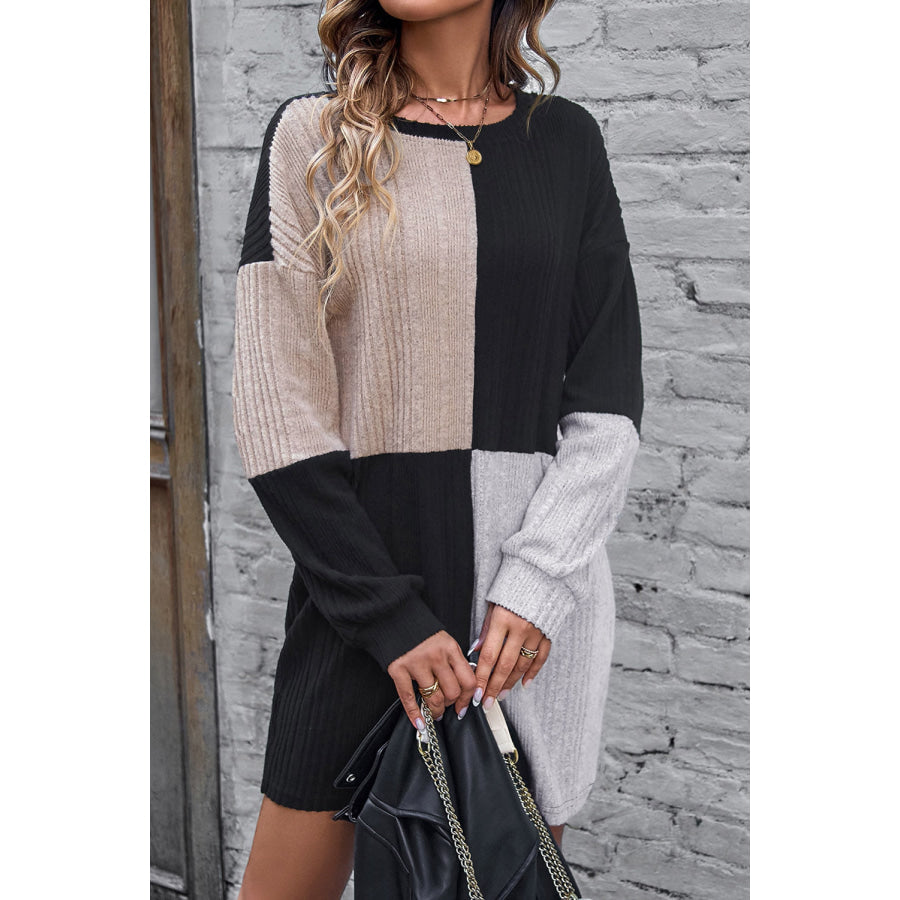 Color Block Drop Shoulder Long Sleeve Mini Dress Apparel and Accessories