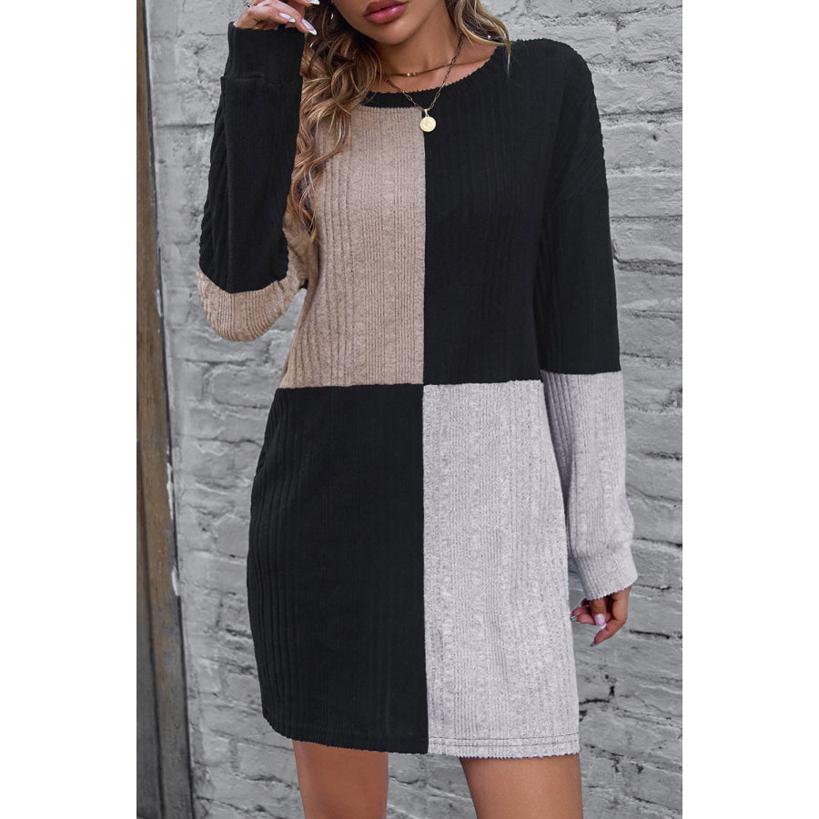 Color Block Drop Shoulder Long Sleeve Mini Dress Apparel and Accessories