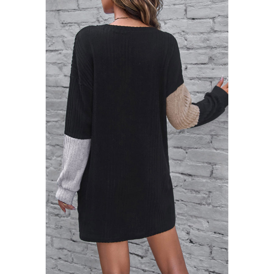 Color Block Drop Shoulder Long Sleeve Mini Dress Apparel and Accessories