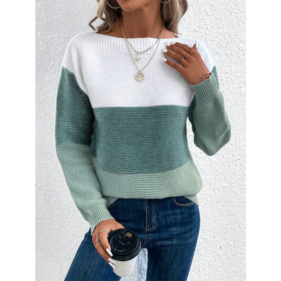 Color Block Drop Shoulder Long Sleeve Sweater Apparel and Accessories