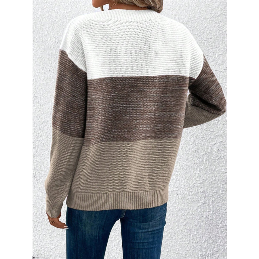 Color Block Drop Shoulder Long Sleeve Sweater Apparel and Accessories