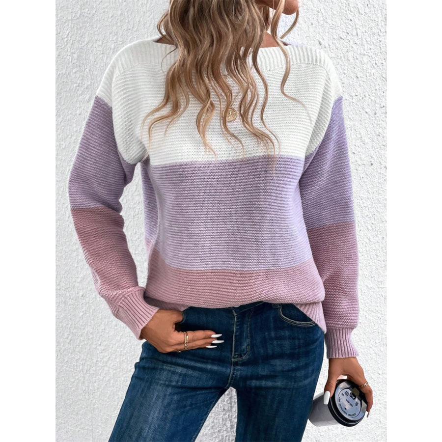 Color Block Drop Shoulder Long Sleeve Sweater Apparel and Accessories