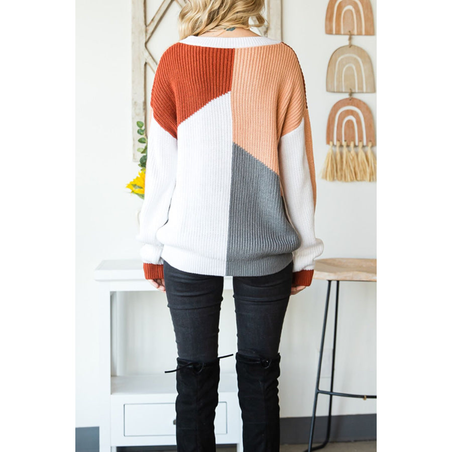 Color Block Drop Shoulder Long Sleeve Sweater Apparel and Accessories