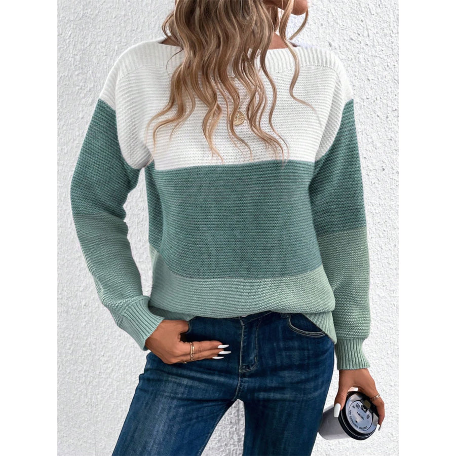 Color Block Drop Shoulder Long Sleeve Sweater Apparel and Accessories