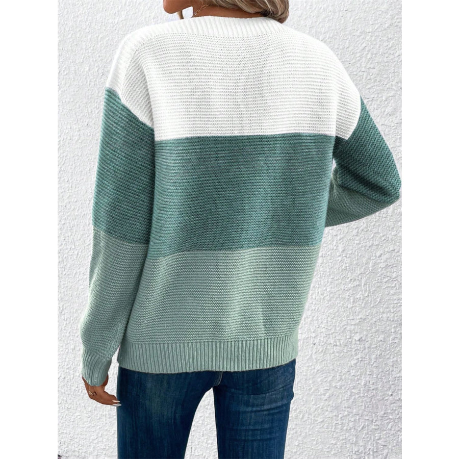 Color Block Drop Shoulder Long Sleeve Sweater Apparel and Accessories