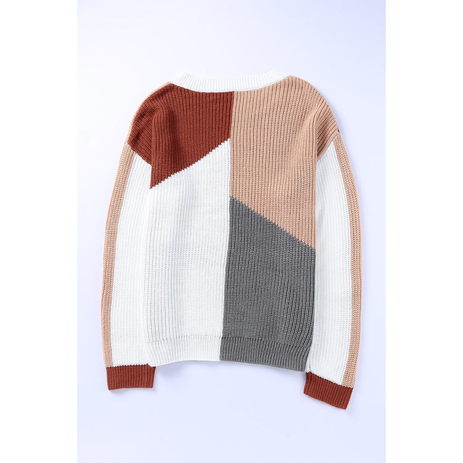 Color Block Drop Shoulder Long Sleeve Sweater Apparel and Accessories