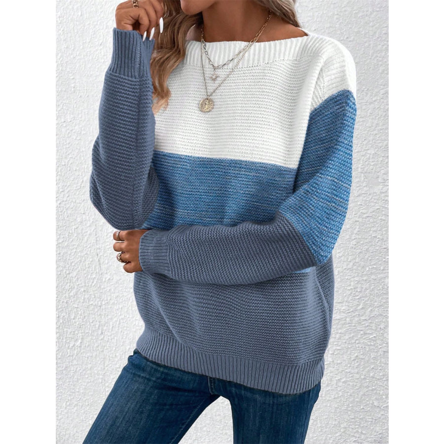 Color Block Drop Shoulder Long Sleeve Sweater Apparel and Accessories