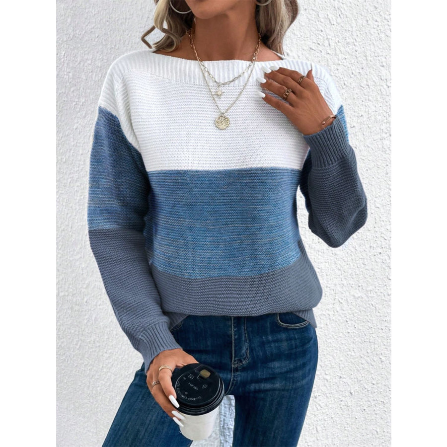 Color Block Drop Shoulder Long Sleeve Sweater Apparel and Accessories