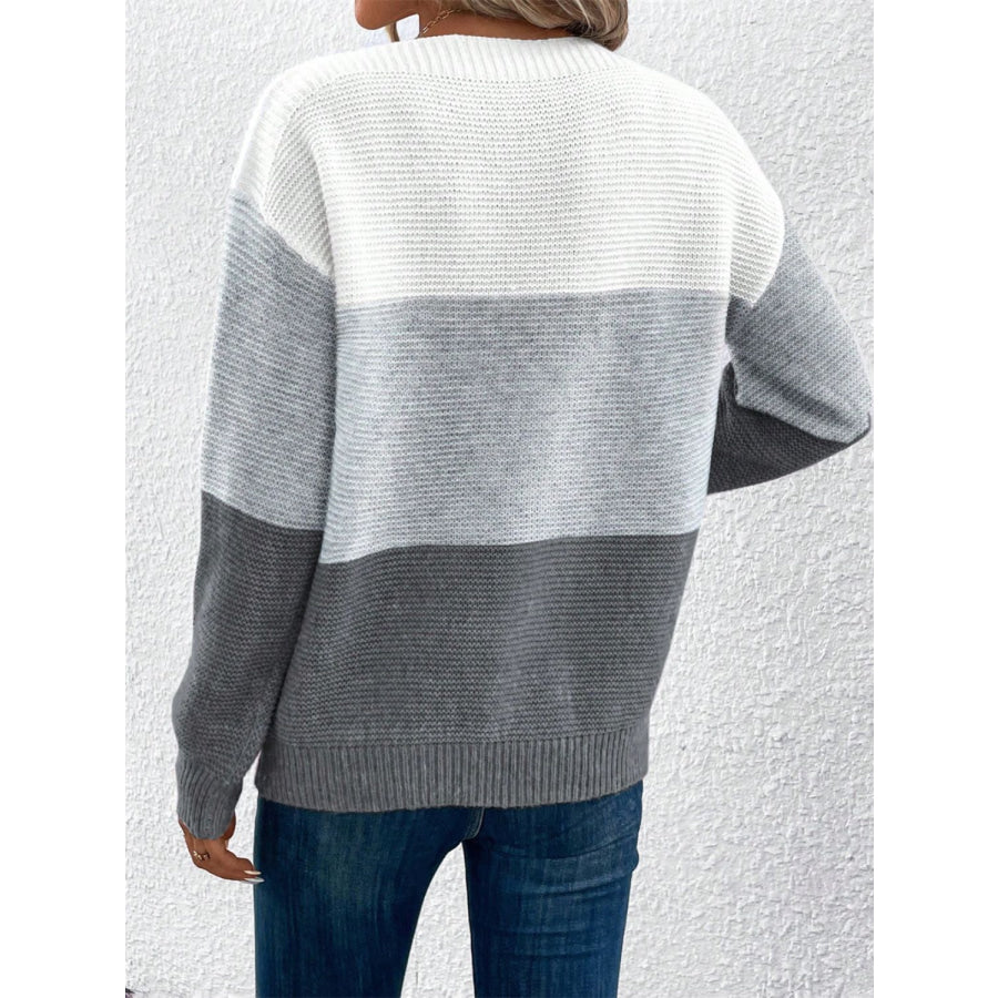 Color Block Drop Shoulder Long Sleeve Sweater Apparel and Accessories