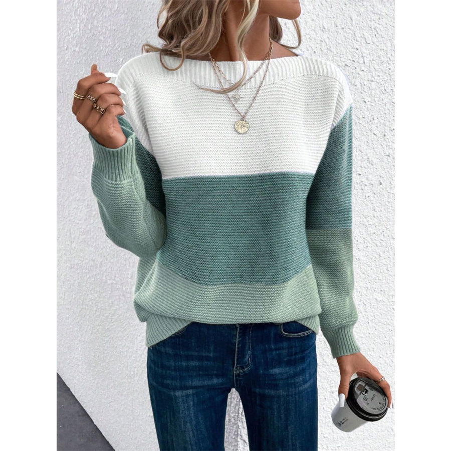 Color Block Drop Shoulder Long Sleeve Sweater Apparel and Accessories