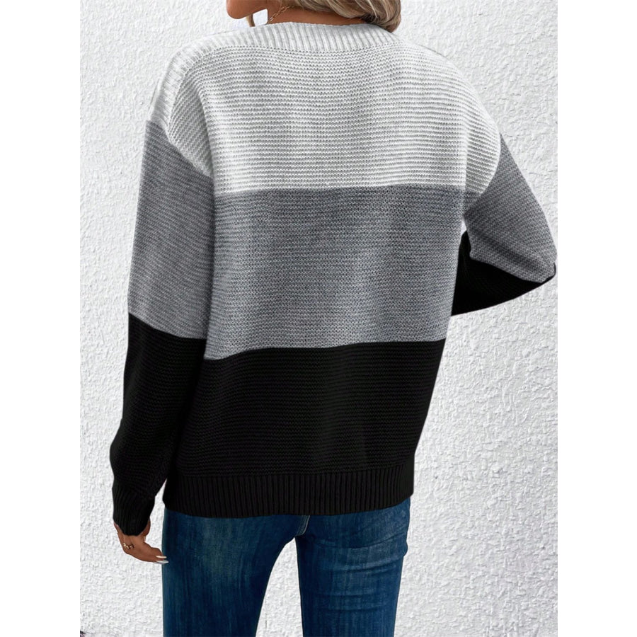 Color Block Drop Shoulder Long Sleeve Sweater Apparel and Accessories