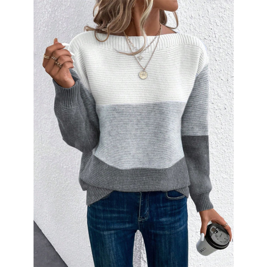 Color Block Drop Shoulder Long Sleeve Sweater Apparel and Accessories