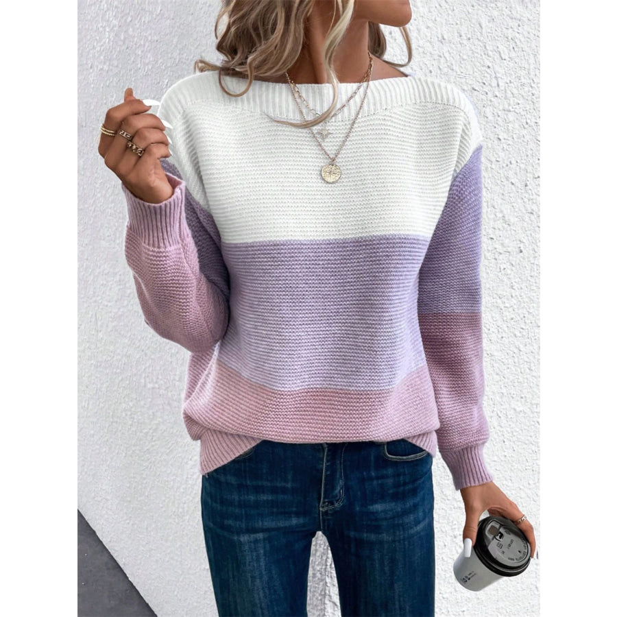 Color Block Drop Shoulder Long Sleeve Sweater Apparel and Accessories