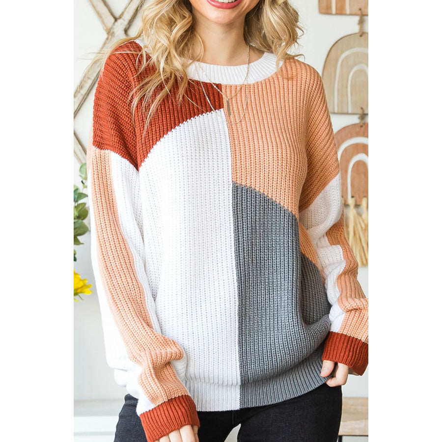 Color Block Drop Shoulder Long Sleeve Sweater Apparel and Accessories