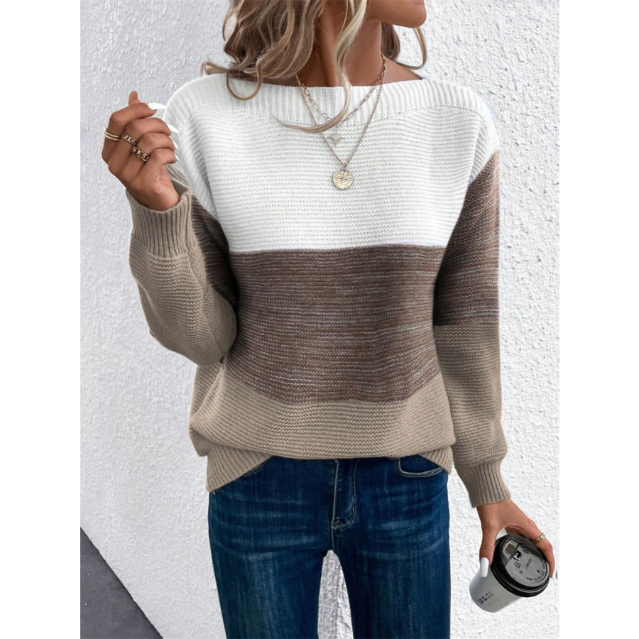 Color Block Drop Shoulder Long Sleeve Sweater Apparel and Accessories