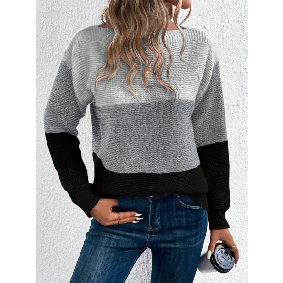 Color Block Drop Shoulder Long Sleeve Sweater Apparel and Accessories