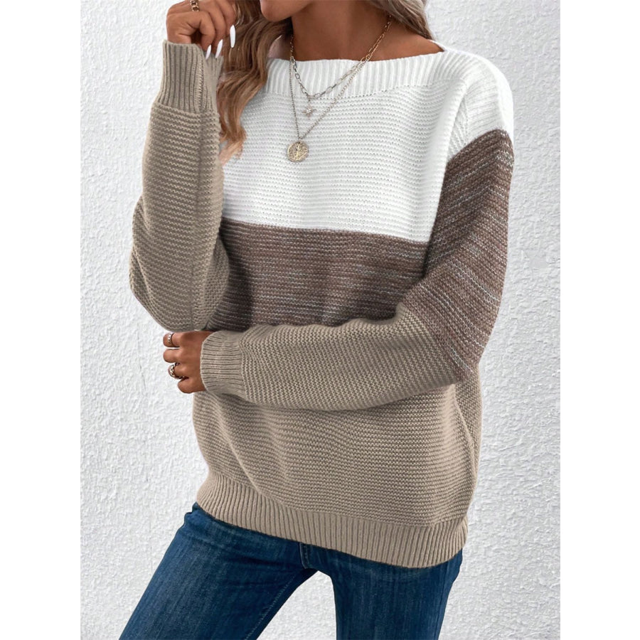 Color Block Drop Shoulder Long Sleeve Sweater Apparel and Accessories