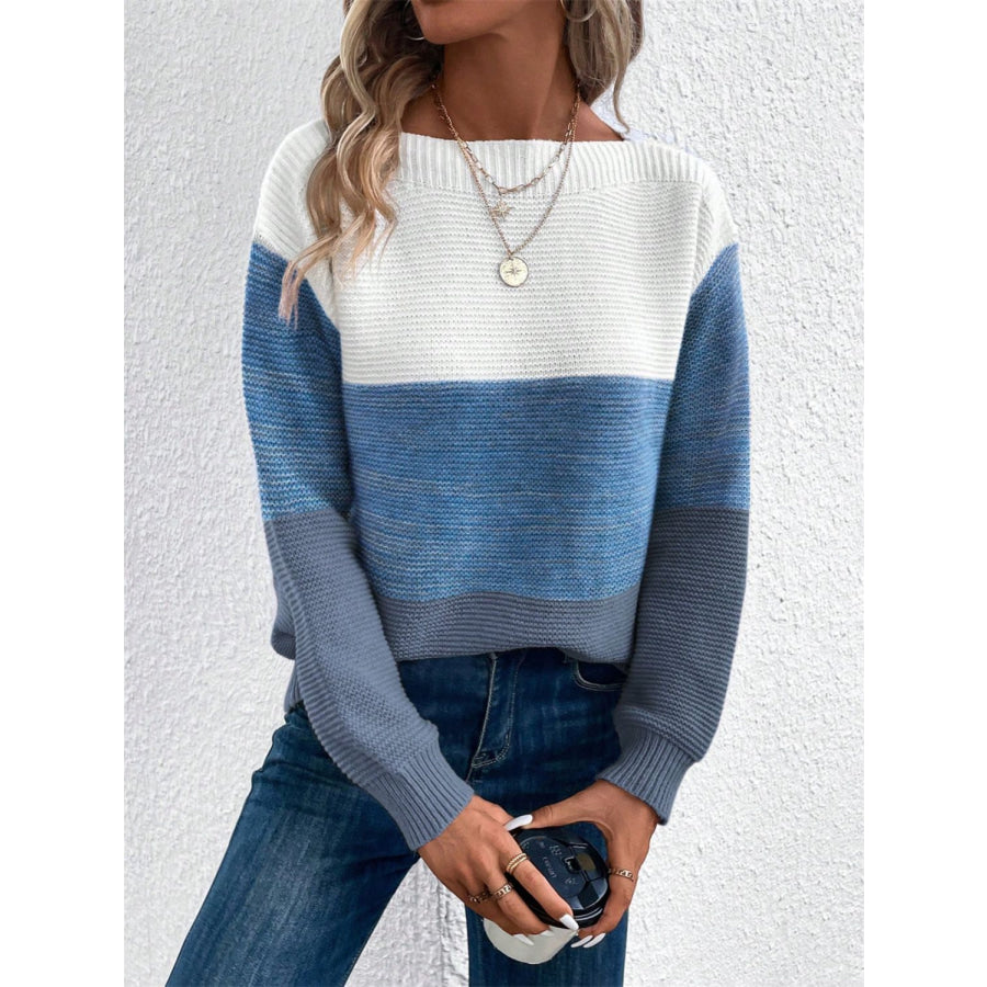 Color Block Drop Shoulder Long Sleeve Sweater Apparel and Accessories