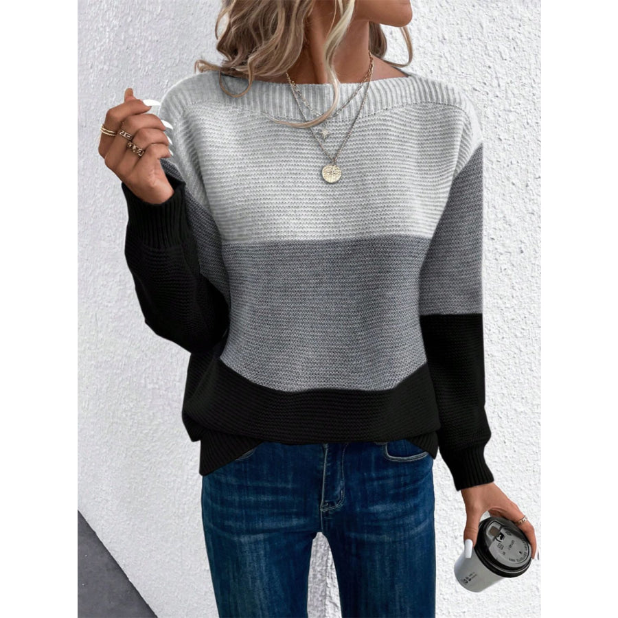 Color Block Drop Shoulder Long Sleeve Sweater Black / S Apparel and Accessories