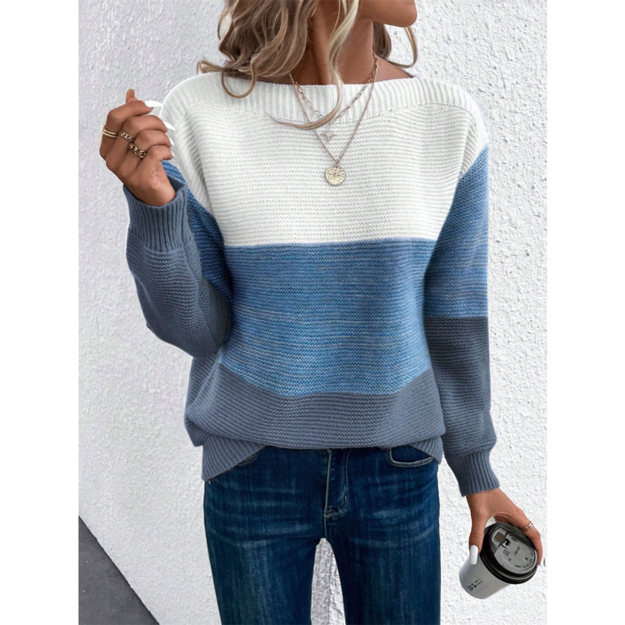 Color Block Drop Shoulder Long Sleeve Sweater Dusty Blue / S Apparel and Accessories