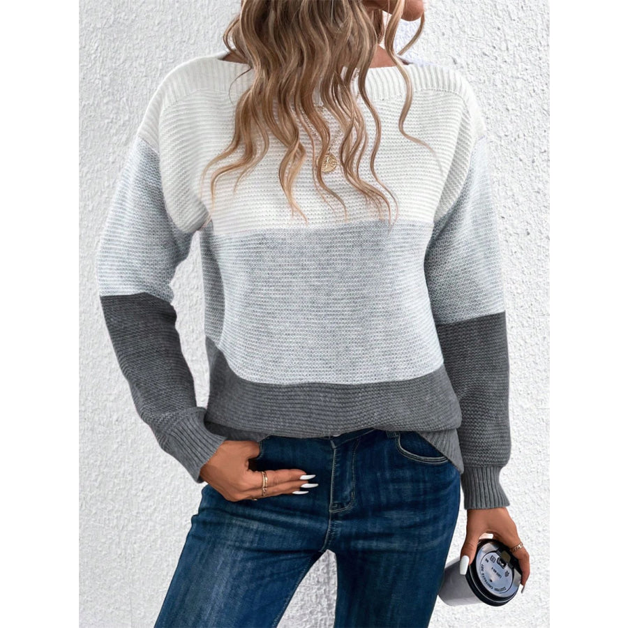 Color Block Drop Shoulder Long Sleeve Sweater Gray / S Apparel and Accessories