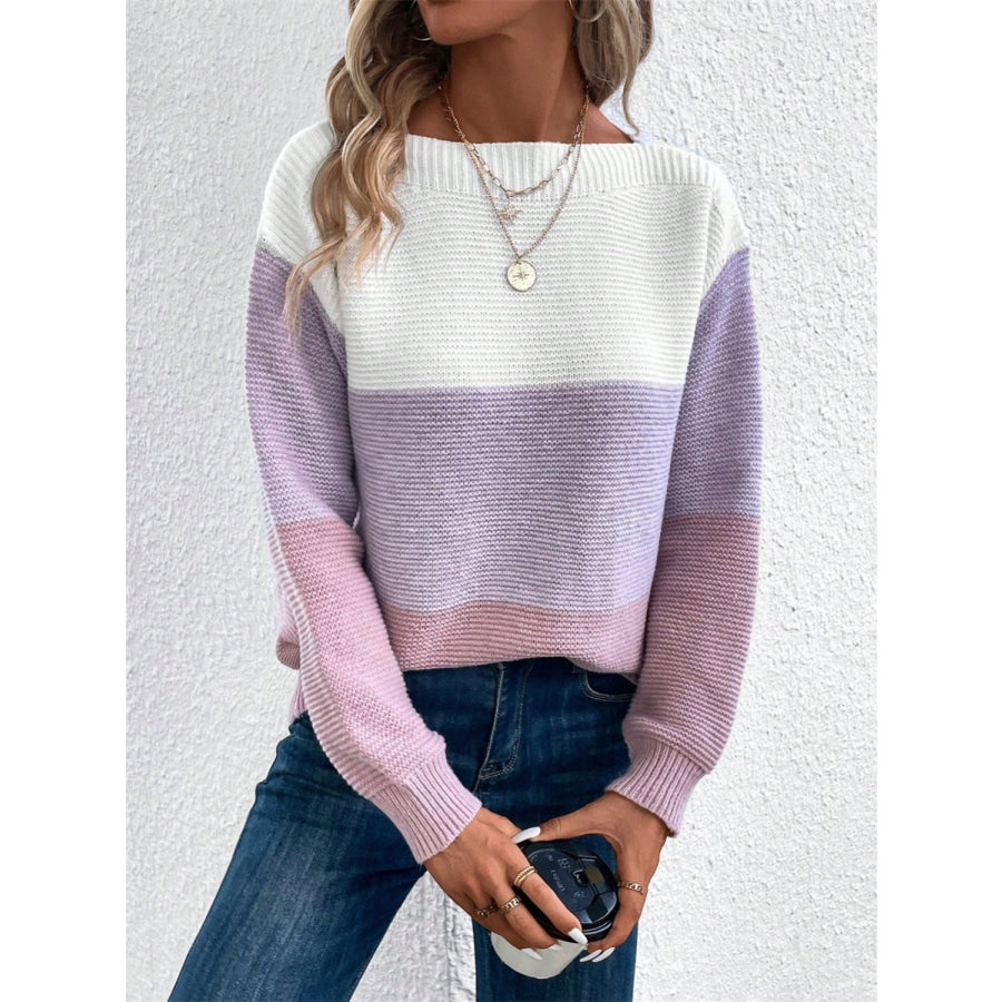 Color Block Drop Shoulder Long Sleeve Sweater Pink Purple / S Apparel and Accessories