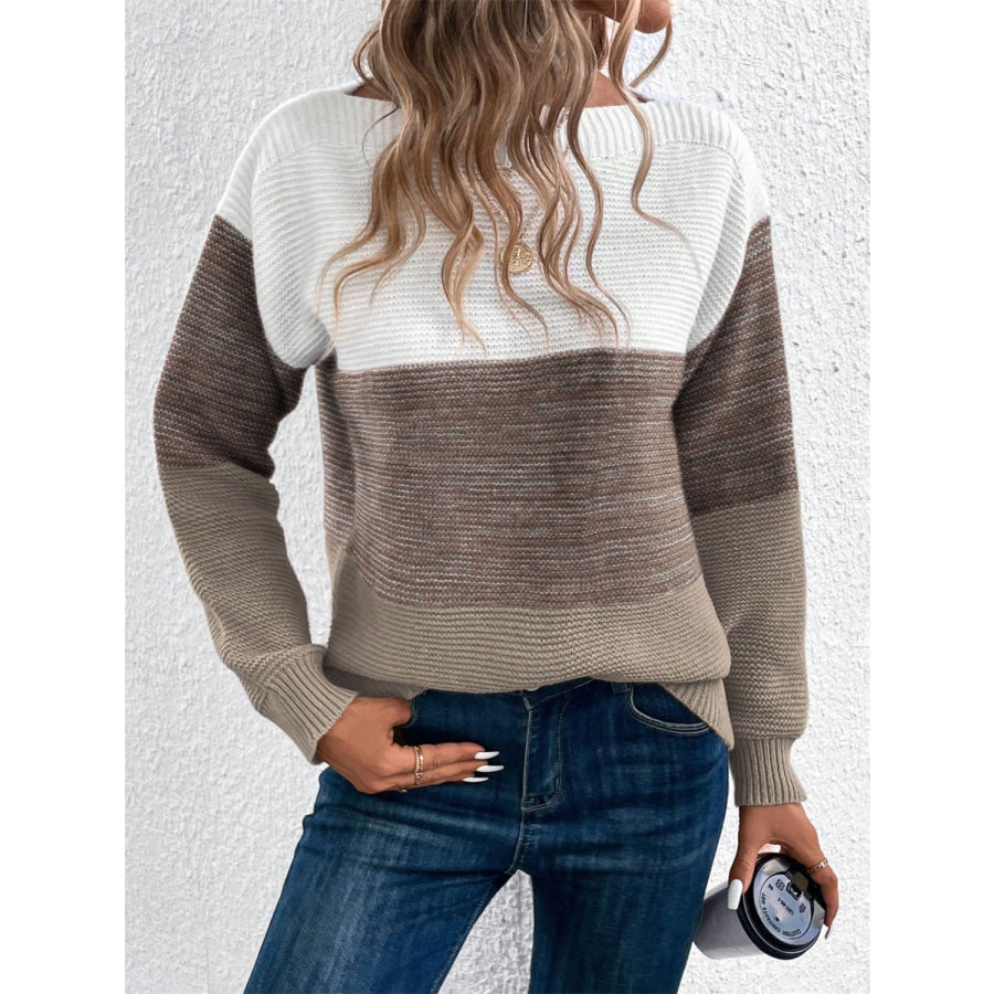 Color Block Drop Shoulder Long Sleeve Sweater Taupe / S Apparel and Accessories