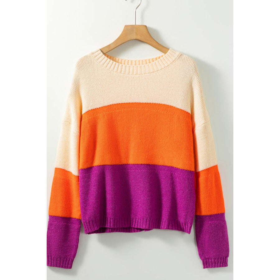 Color Block Drop Shoulder Round Neck Sweater Apparel and Accessories