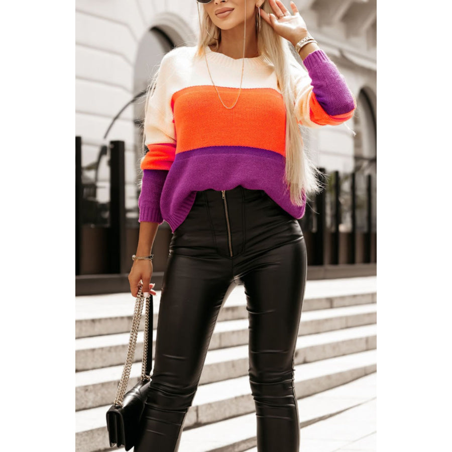 Color Block Drop Shoulder Round Neck Sweater Apparel and Accessories